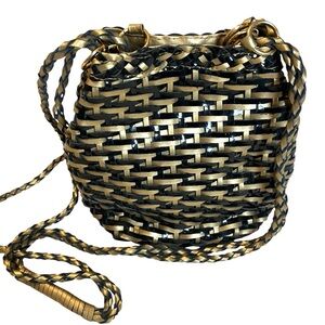 Vintage Another Y&S Original Gold and Black Leather Woven Bucket Bag Crossbody